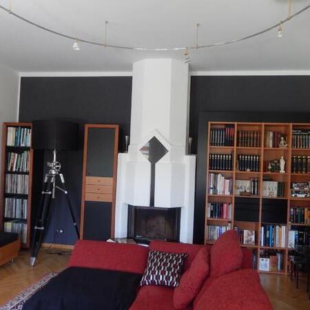 Modern eingerichtetes Wohnzimmer mit Kamin, rotem Sofa und Bücherregalen
